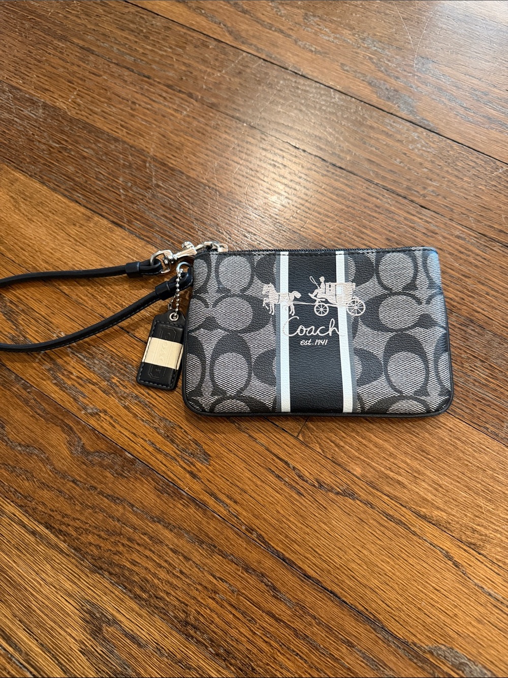 Coach Gray & Black Signature Stripe Wristlet